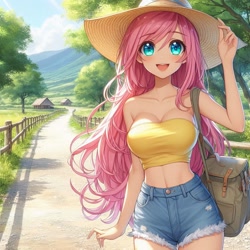 Size: 1024x1024 | Tagged: safe, ai content, derpibooru import, generator:dall-e 3, machine learning generated, fluttershy, human, g4, adorasexy, anime, backpack, bare shoulders, big breasts, breasts, cleavage, clothes, cute, denim, denim shorts, dirt road, female, generator:copilot, hat, holding hat, hootershy, humanized, long hair, looking at you, midriff, nature, outdoors, sexy, shorts, shyabetes, smiling, smiling at you, solo, strapless, stupid sexy fluttershy, tree, tube top