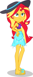 Size: 1280x2974 | Tagged: safe, artist:dustinwatsongkx, derpibooru import, sunset shimmer, human, equestria girls, g4, accessory swap, clothes, clothes swap, female, hat, rarity's blue sarong, rarity's purple bikini, sandals, simple background, solo, swimsuit, swimsuit swap, transparent background, vector