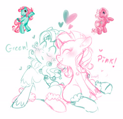 Size: 2586x2492 | Tagged: safe, artist:soniana_draws, derpibooru import, minty, pinkie pie (g3), earth pony, a very minty christmas, g3, blushing, clothes, duo, duo female, female, floating heart, heart, lesbian, nuzzling, ship:mintypie, shipping, simple background, sitting, sketch, socks, unshorn fetlocks, white background