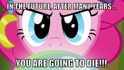 Size: 1056x600 | Tagged: safe, derpibooru import, edit, edited screencap, editor:twi clown, screencap, pinkie pie, earth pony, pony, g4, it's about time, season 2, caption, crystal ball, female, image macro, madame pinkie, mare, text