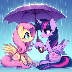 Size: 1024x1024 | Tagged: safe, ai content, derpibooru import, generator:dall-e 3, machine learning generated, fluttershy, twilight sparkle, twilight sparkle (alicorn), alicorn, g4, duo, duo female, female, implied lesbian, implied shipping, implied twishy, looking at each other, looking at someone, mare, partially open wings, prompter:doomguy397, rain, shelter, umbrella, wholesome, wings