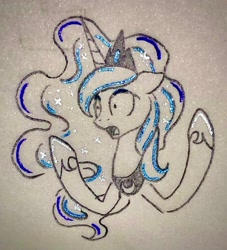 Size: 1353x1487 | Tagged: safe, artist:astralune, derpibooru import, princess luna, alicorn, pony, g4, bust, crown, ethereal mane, hoof shoes, jewelry, lineart, open mouth, pencil drawing, peytral, regalia, shocked, solo, starry mane, traditional art