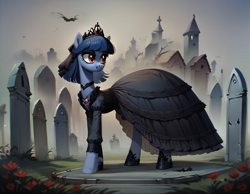 Size: 1152x896 | Tagged: safe, ai content, derpibooru import, generator:pony diffusion v6 xl, generator:stable diffusion, machine learning generated, oc, oc only, oc:cosmia nebula, anthro, bat, black dress, clothes, dress, goth, gravestone, graveyard, jewelry, prompt in description, prompter:kopaleo, solo, tiara