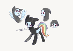 Size: 2388x1668 | Tagged: safe, artist:nidexiaozhu274, derpibooru import, rainbow dash, pegasus, pony, g4, read it and weep, cute, dashabetes, ears, floppy ears, gray background, simple background, solo, stealth suit