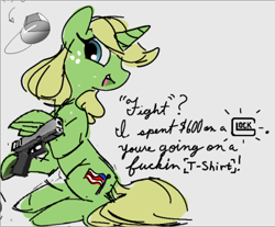 Size: 423x350 | Tagged: artist needed, source needed, safe, derpibooru import, oc, oc only, pony, unicorn, dialogue, freckles, glock, gun, handgun, head turn, hoof hold, horn, murica, pistol, simple background, sitting, solo, vulgar, weapon, white background