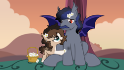 Size: 1920x1081 | Tagged: safe, artist:cirillaq, derpibooru import, oc, oc only, oc:lunar night, oc:ryolit, bat pony, pony, basket, duo, duo male and female, father and child, father and daughter, female, filly, flower, foal, male, parent and child, stallion, tree