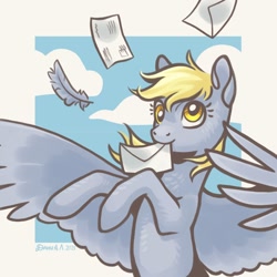 Size: 1228x1228 | Tagged: safe, artist:dany-the-hell-fox, derpibooru import, derpy hooves, pegasus, pony, g4, cloud, feather, letter, mouth hold, passepartout, sky, solo, spread wings, wings