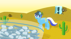Size: 1024x570 | Tagged: safe, artist:serverok, derpibooru import, minuette, pony, unicorn, g4, blue eyes, breaking bad, cactus, desert, female, hat, horn, mare, say my name, solo, toothbrush