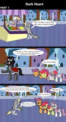 Size: 1920x3516 | Tagged: safe, artist:platinumdrop, derpibooru import, apple bloom, derpy hooves, king sombra, scootaloo, sweetie belle, oc, crystal pony, earth pony, pegasus, pony, unicorn, comic:dark heart, g4, 3 panel comic, abuse, alternate timeline, applebuse, armor, bound wings, bowing, bread, carrot, carrot dog, chains, collar, comic, commission, crumbs, crystal, crystal castle, crystal empire, curved horn, cutie mark crusaders, derpybuse, dialogue, eyes closed, female, folded wings, food, hoof hold, horn, looking at each other, looking at someone, male, mare, messy eating, mustard, nervous, older, older apple bloom, older cmc, older derpy hooves, older scootaloo, older sweetie belle, sauce, scootabuse, sitting, slave, slave collar, smiling, speech bubble, stallion, sweetiebuse, this will not end well, victorious villain, walking, wing cuffs, wings