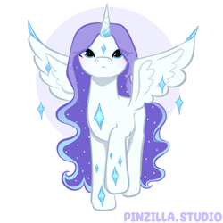 Size: 640x640 | Tagged: safe, artist:pinzillastudio, derpibooru import, oc, oc only, alicorn, pony, g4, alicorn oc, blushing, ethereal mane, eye clipping through hair, eyeshadow, female, fusion:princess luna, fusion:rariluna, fusion:rarity, gem, horn, long hair, makeup, raised hoof, raised leg, simple background, solo, spread wings, white background, wings