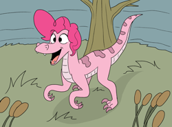 Size: 2205x1620 | Tagged: safe, artist:doodledonutart, derpibooru import, pinkie pie, dinosaur, velociraptor, g4, atg 2024, dinosaurified, female, newbie artist training grounds, open mouth, solo, species swap, tree