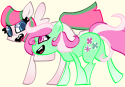 Size: 766x534 | Tagged: safe, derpibooru import, blossomforth, earth pony, pegasus, g4, cute, cute little fangs, duo, duo female, fangs, female, looking at ea, minty (g4), open mouth, open smile, running, simple background, smiling, white background