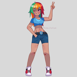 Size: 4000x4000 | Tagged: safe, artist:dearycocoa, derpibooru import, rainbow dash, human, g4, abs, alternate hairstyle, belly button, belt, clothes, converse, cute, dashabetes, female, fit, gray background, grin, humanized, multicolored hair, muscles, muscular female, one eye closed, peace sign, rainbow hair, shirt, shoes, short shirt, shorts, simple background, slender, smiling, solo, t-shirt, thin, wink