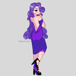 Size: 4000x4000 | Tagged: safe, artist:dearycocoa, derpibooru import, rarity, human, g4, alternate hairstyle, back, backless, clothes, cute, dress, eyeshadow, feet, female, gray background, high heels, humanized, lipstick, makeup, open toe shoes, raribetes, shoes, simple background, solo