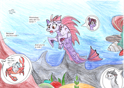 Size: 1750x1238 | Tagged: safe, artist:fleximusprime, derpibooru import, oc, oc only, crab, siren, atg 2024, newbie artist training grounds, seaponified, sirenified, species swap, traditional art, underwater, water