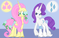 Size: 2256x1481 | Tagged: safe, artist:emilylsart, derpibooru import, fluttershy, rarity, pony, unicorn, g4, alternate color palette, alternate cutie mark, alternate design, alternate eye color, alternate hair color, alternate hairstyle, blue background, colored hooves, colored pupils, decoration, duo, duo female, ears, eyeshadow, fear, female, floppy ears, flower, flower in hair, fluttershy (g5 concept leak), g5 concept leak style, g5 concept leaks, hooves, horn, looking at each other, looking at someone, makeup, race swap, raised hoof, raised leg, rarity (g5 concept leak), redesign, scared, serious, serious face, simple background, smiling, unicorn fluttershy, unshorn fetlocks