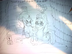 Size: 3806x2855 | Tagged: safe, artist:lullabyjak, derpibooru import, king sombra, oc, oc:umbré, unicorn, colt, colt sombra, female, filly, foal, horn, male, traditional art, wip