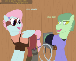 Size: 3562x2860 | Tagged: safe, artist:khazard, derpibooru import, kerfuffle, pegasus, pony, series:grogar's game, amputee, atg 2024, blacksmith, crossover, gondola (meme), i wani hug that gator, newbie artist training grounds, olivia (i wani hug that gator), ponified, prosthetic leg, prosthetic limb, prosthetics, species swap, wheelchair