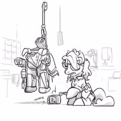 Size: 3000x3000 | Tagged: safe, artist:captainhoers, derpibooru import, oc, oc only, earth pony, pony, fallout equestria, armor, eyepatch, grayscale, hoof hold, monochrome, open mouth, pipbuck, power armor, screwdriver, simple background, solo, white background