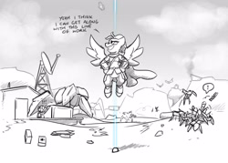 Size: 3500x2500 | Tagged: safe, artist:captainhoers, derpibooru import, oc, oc only, pegasus, pony, exclamation point, female, flying, grayscale, grin, helldivers 2, hoof on hip, mare, monochrome, partial color, smiling, solo focus