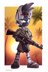 Size: 1712x2564 | Tagged: safe, artist:felixf, derpibooru import, oc, oc:obichni, anthro, zebra, ak, ak-74, assault rifle, gun, male, rifle, soldier, weapon, zebra oc