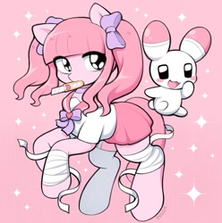 Size: 1436x1446 | Tagged: safe, artist:moozua, derpibooru import, earth pony, pony, rabbit, animal, bandage, bandaged leg, bangs, big eyes, bow, box cutter, choker, clothes, colored, duo, eye clipping through hair, eyelashes, female, garter, hair bow, implied self harm, in air, long socks, looking back, magical girl, male, mare, menhera, menhera-chan, miniskirt, mismatched socks, momoka sakurai, mouth hold, patterned background, pigtails, pink coat, pink mane, pink skirt, pink tail, plushie, ponified, purple bow, razor blade, rearing, sailor uniform, school uniform, schoolgirl, shiny eyes, shiny mane, signature, skirt, socks, sparkles, species swap, tail, tied mane, uniform, usatan, white socks