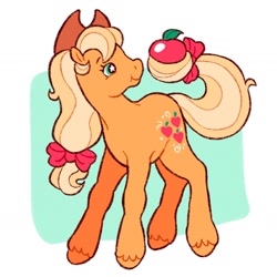 Size: 1410x1410 | Tagged: safe, artist:cocopudu, derpibooru import, applejack, pony, g2, g4, abstract background, apple, female, food, g4 to g2, generation leap, mare, prehensile tail, solo, tail, tail hold