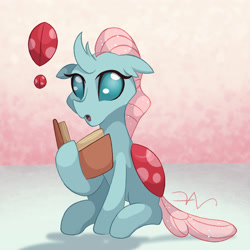 Size: 1400x1400 | Tagged: safe, artist:swasfews, derpibooru import, ocellus, changedling, changeling, g4, :o, book, exclamation point, female, looking at you, open mouth, simple background, sitting, solo