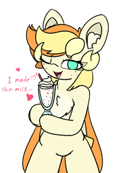 Size: 6000x8000 | Tagged: safe, artist:sodapop sprays, derpibooru import, oc, oc only, oc:sodapop sprays, earth pony, pegasus, semi-anthro, caption, chest fluff, drink, ear fluff, ears, freckles, implied breast milk, looking at you, milkshake, one eye closed, rough sketch, simple background, solo, text, transparent background, wink, winking at you