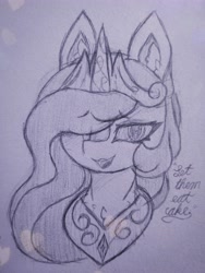 Size: 4032x5376 | Tagged: safe, artist:sodapop sprays, derpibooru import, princess celestia, alicorn, pony, g4, absurd resolution, caption, chest fluff, circlet, cursive writing, ear fluff, ears, female, hair over one eye, jewelry, let them eat cake, looking at you, mare, solo, text, tiara, traditional art