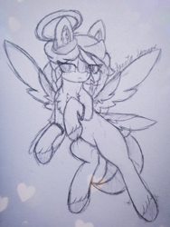 Size: 1884x2512 | Tagged: safe, artist:sodapop sprays, derpibooru import, oc, oc only, oc:sonata sprays, angel, pony, seraph, chest fluff, ear fluff, ears, eye clipping through hair, freckles, halo, looking at you, multiple wings, solo, traditional art, unshorn fetlocks, wings