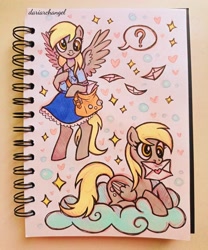 Size: 3000x3598 | Tagged: safe, artist:dariarchangel, derpibooru import, derpy hooves, pegasus, pony, g4, bag, bipedal, clothes, cloud, cross-eyed, cute, derp, derpabetes, derpy being derpy, female, folded wings, letter, lying down, lying on a cloud, mailbag, mailmare, mailpony, mare, mouth hold, on a cloud, photo, prone, shirt, sketchbook, skirt, smiling, solo, spread wings, standing, traditional art, wings