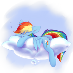 Size: 3000x3000 | Tagged: safe, artist:persikulka, derpibooru import, rainbow dash, pegasus, pony, g4, cloud, on a cloud, sleeping, solo