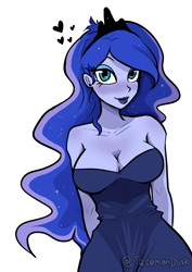 Size: 1612x2272 | Tagged: safe, artist:tacoman dusct, derpibooru import, princess luna, human, equestria girls, g4, bare shoulders, blushing, breasts, clothes, crown, dress, ear piercing, heart, jewelry, lipstick, long hair, looking at you, makeup, piercing, princess balloona, regalia, simple background, solo, white background