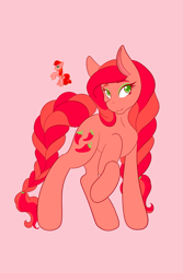 Size: 1365x2048 | Tagged: safe, artist:mscolorsplash, derpibooru import, pepperdance, earth pony, pony, g4, blind bag pony, braid, braided ponytail, braided tail, eyebrows, eyebrows visible through hair, eyeshadow, female, lidded eyes, makeup, mare, pink background, ponytail, raised hoof, raised leg, simple background, smiling, solo, tail, toy, toy interpretation