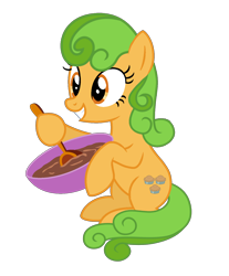 Size: 1246x1507 | Tagged: safe, artist:moonlightthegriffon, artist:princesslilybrush, derpibooru import, perfect pie, earth pony, pony, g4, apple family member, base used, batter, bowl, chocolate, cooking, female, food, mare, simple background, smiling, solo, spoon, transparent background