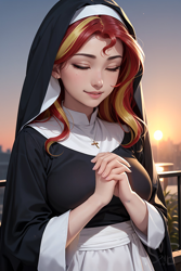 Size: 1024x1536 | Tagged: safe, ai content, derpibooru import, editor:sammykun, machine learning generated, sunset shimmer, human, g4, christian sunset shimmer, christianity, clothes, eyes closed, female, fingers interlocked, habit, hands together, humanized, jewelry, long hair, long sleeves, necklace, nun, nun outfit, nunset shimmer, outdoors, praying, prompter:sammykun, religion, solo, sun, sunset