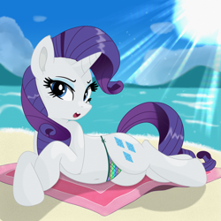 Size: 1919x1919 | Tagged: safe, artist:tunter, derpibooru import, rarity, pony, unicorn, g4, :o, beach, beach towel, belly button, clothes, female, horn, looking at you, lying down, mare, ocean, on side, open mouth, solo, sun, swimsuit, water