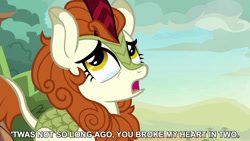 Size: 1280x720 | Tagged: safe, derpibooru import, edit, edited screencap, editor:jaredking779, screencap, autumn blaze, kirin, g4, season 8, sounds of silence, crying, female, open mouth, reference, solo, song reference, teary eyes