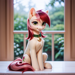 Size: 1024x1024 | Tagged: safe, ai content, derpibooru import, generator:pony diffusion v6 xl, generator:stable diffusion, machine learning generated, roseluck, pony, g4, 3d, collar, cute, fluffy, pet tag, pony pet, prompter:doom9454, rosepet, sitting