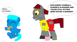 Size: 5952x3280 | Tagged: safe, artist:memeartboi, derpibooru import, earth pony, pegasus, pony, g4, angry, burger, clothes, colt, cute, delicious, duo, duo male, eating, family, foal, food, gumball watterson, hamburger, male, pants, ponified, rob, shirt, simple background, species swap, spoiler, spoiler alert, spoiler image, spoiler tag, the amazing world of gumball, white background