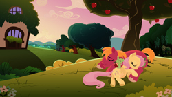 Size: 3840x2160 | Tagged: safe, anonymous artist, derpibooru import, big macintosh, fluttershy, oc, oc:late riser, earth pony, pegasus, pony, series:fm holidays, g4, 4k, alternate hairstyle, apple, apple tree, colt, cute, eating, eyes closed, family, father's day, female, fluttermac, fluttershy's cottage, foal, frog (hoof), happy, high res, hoof hold, lineless, male, mare, offspring, outdoors, parent:big macintosh, parent:fluttershy, parents:fluttermac, preggoshy, pregnant, puffy cheeks, shipping, short mane, sleeping, smiling, stallion, straight, sunset, toddler, tree, trio, underhoof, wholesome