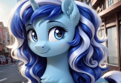 Size: 1216x832 | Tagged: safe, ai content, derpibooru import, generator:stable diffusion, machine learning generated, minuette, pony, unicorn, g4, alternate hairstyle, building, close-up, ear fluff, ears, female, horn, looking at you, mare, outdoors, prompter:kluknawa235, sky, smiling, solo, upper body