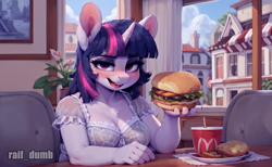 Size: 1024x632 | Tagged: safe, ai content, derpibooru import, generator:stable diffusion, machine learning generated, twilight sparkle, anthro, unicorn, g4, blushing, breasts, burger, chair, chubby, drink, eyeshadow, fast food, female, food, hand, headlight sparkle, horn, looking at you, makeup, mare, open mouth, prompter:raif, restaurant, sitting, solo, table, teeth, that pony sure does love burgers, twilight burgkle