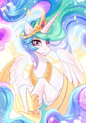 Size: 800x1135 | Tagged: safe, artist:fenwaru, derpibooru import, princess celestia, alicorn, pony, g4, beautiful, colored wings, crown, ethereal mane, ethereal tail, eye clipping through hair, eyebrows, eyebrows visible through hair, female, hoof shoes, horn, jewelry, long mane, long tail, looking at you, mare, peytral, princess shoes, regalia, solo, tail, two toned wings, wings