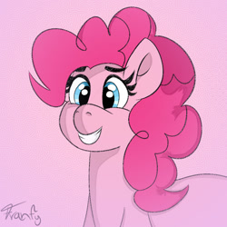 Size: 1000x1000 | Tagged: safe, derpibooru import, pinkie pie, earth pony, g4, fully shaded, pink background, simple background, smiling, solo