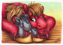 Size: 3494x2512 | Tagged: safe, artist:lupiarts, derpibooru import, big macintosh, smarty pants, earth pony, pony, g4, colored, colored pencil drawing, copic, doll, duo, high res, male, markers, plushie, smiling, stallion, toy, traditional art, unshorn fetlocks