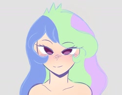 Size: 1666x1309 | Tagged: safe, artist:eltrash_art6, derpibooru import, princess celestia, principal celestia, human, equestria girls, g4, bedroom eyes, blushing, female, gray background, humanized, simple background, solo