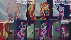 Size: 2000x1125 | Tagged: safe, derpibooru import, edit, edited screencap, editor:quoterific, screencap, pinkie pie, sci-twi, sunset shimmer, twilight sparkle, equestria girls, g4, sunset's backstage pass!, bathroom, bathroom stall, equestria girls specials, female, mirror, toilet, trio, trio female