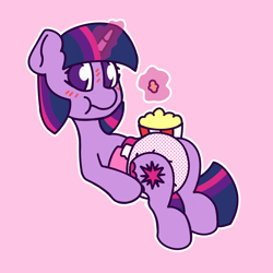 Size: 2048x2048 | Tagged: safe, artist:charleyhorsey, derpibooru import, twilight sparkle, unicorn twilight, pony, unicorn, g4, diaper, diaper fetish, eating, female, fetish, food, horn, levitation, lying down, magic, magic aura, mare, on back, popcorn, simple background, solo, telekinesis